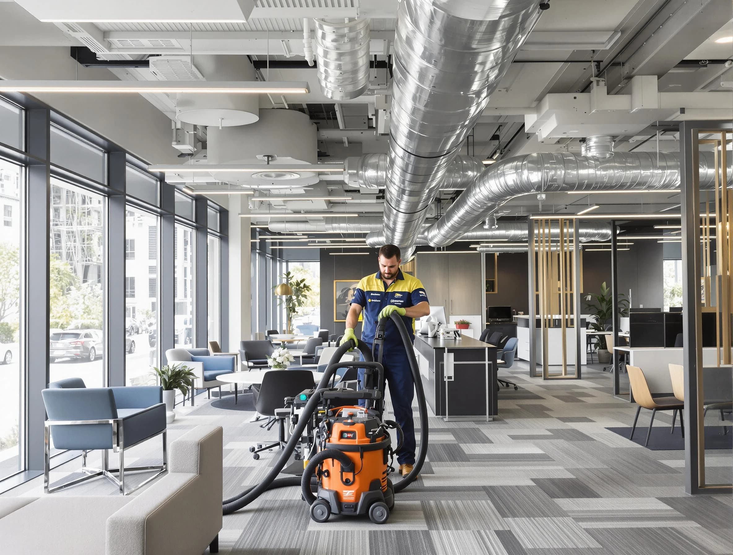 Meridian Air Duct Cleaning team performing thorough commercial duct cleaning at a Meridian business center